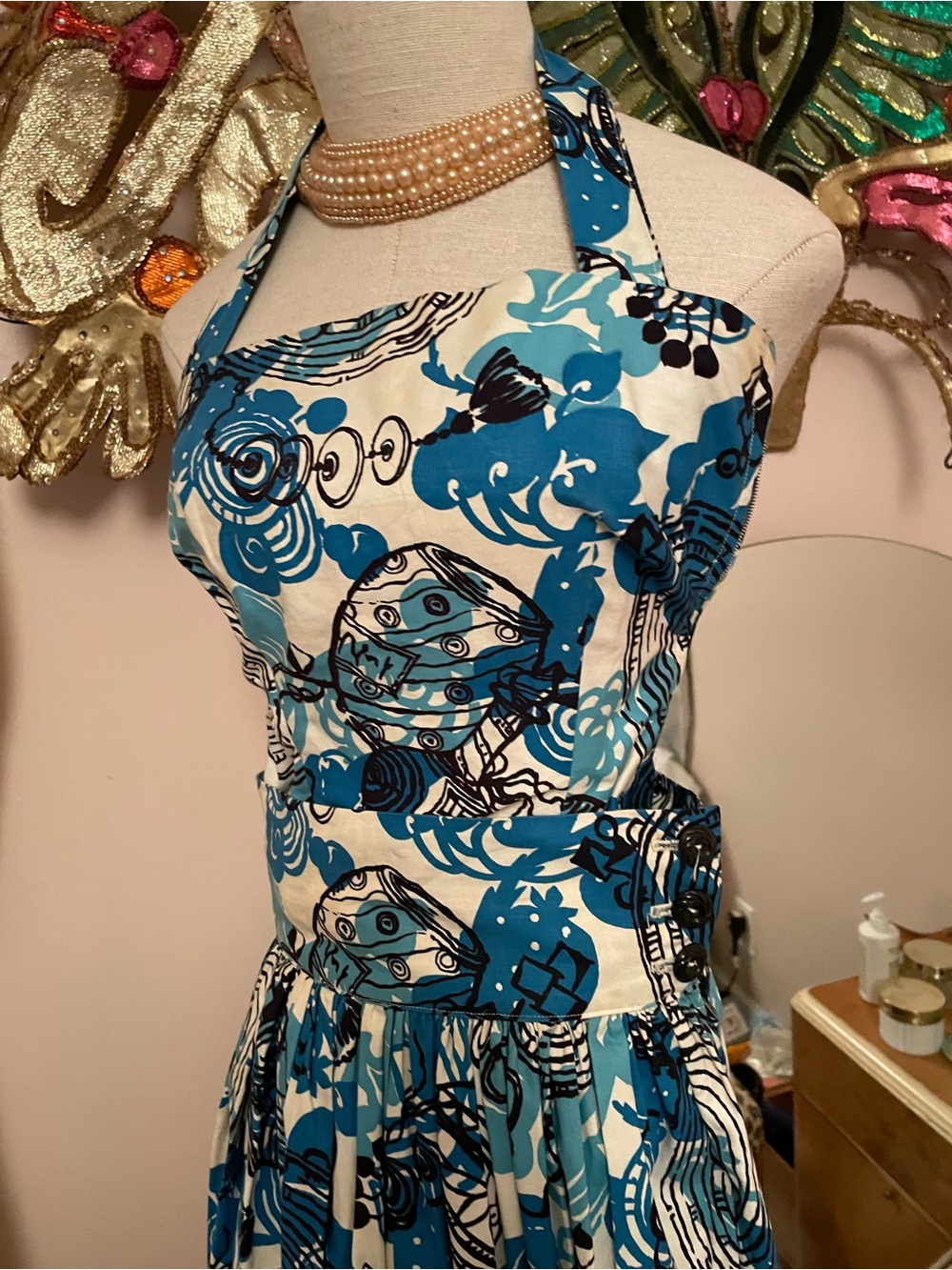 1950s Tiki Halter Circle Skirt Bolero 3pc Set Blue Black Cotton XS - Picture 3 of 15